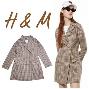H&M NWT Divided Double Breasted Blazer Dress Beige/plaid Med Preppy Twee Office